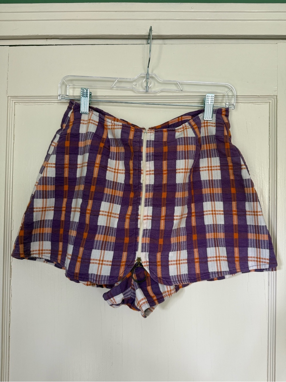 High-rise Plaid Cotton Shorts in Purple & Orange